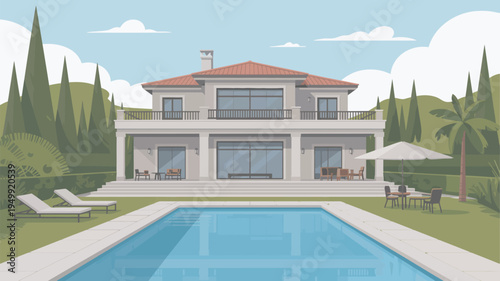 A large, luxurious house with a swimming pool and lounge chairs in a serene outdoor setting.