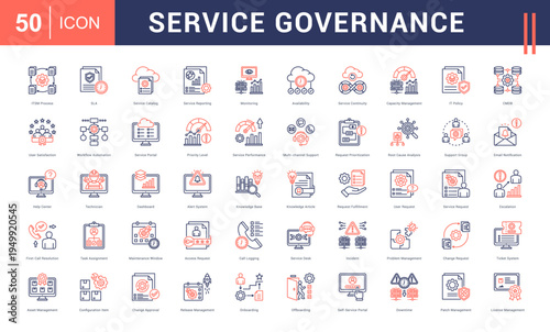 Service Governance Icon Set. itsm process, sla, service catalog, service reporting, monitoring and more. Line Dual Tone Style vector icons collection.