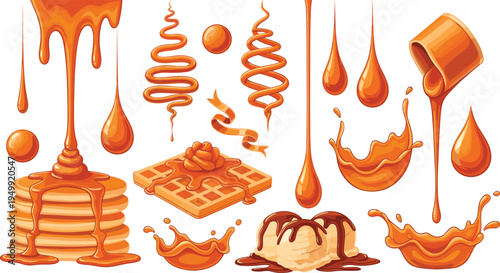 Caramel Syrup Drip and Dessert Topping Vector Set Featuring Sweet Sauce Drops, Splash Elements, Pancakes, Waffles, and Ice Cream Caramel Drizzle
