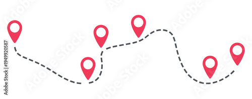 Dotted path line with red markers, vector travel route concept, flat map style illustration for trip planning