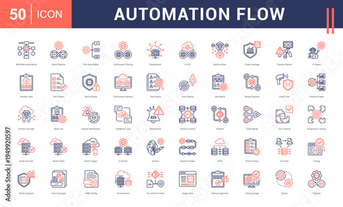 Automation Flow Icon Set. workflow automation, build pipeLine Dual Tone, test automation, continuous testing, deployment and more. Line Dual Tone Style vector icons collection.