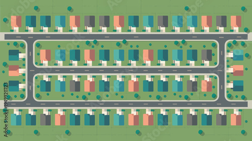 An aerial view of a suburban neighborhood with colorful houses and green lawns