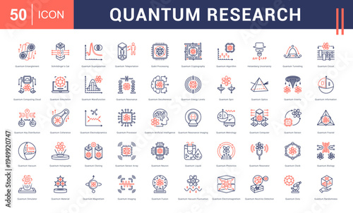 Quantum Research Icon Set. entanglement, schrodingers cat, super position, teleportation, qubit processing and more. Line Dual Tone Style vector icons collection.