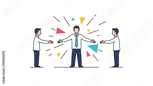 Three businessmen character figures standing among geometric shapes and burst lines represent networking, presentations, and team leadership.