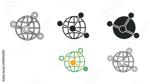Set of globe icons with radiating nodes represents world wide web, global connectivity, and international network infrastructure.