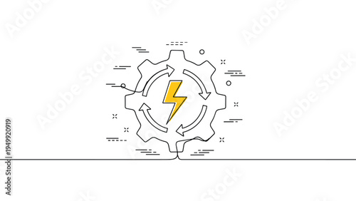 Gear with rotating arrows and a lightning bolt symbolizes energy efficiency, power generation, and dynamic industrial systems.