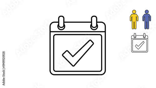 Large calendar icon with a check mark and small colorful human silhouettes symbolizes event confirmation, attendee registration, or scheduling.