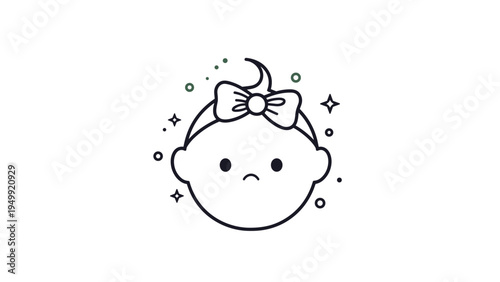 Simple outline drawing of a sad baby face wearing a hair bow and surrounded by stars represents child welfare, infant care, or childhood emotions.