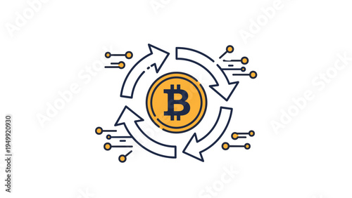 Bitcoin symbol with rotating arrows and digital nodes illustrates blockchain technology, crypto exchange, and digital finance.