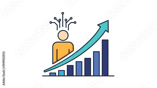 Person icon with circuit lines above the head standing next to an upward bar chart symbolizes intellectual growth, skill development, and success.