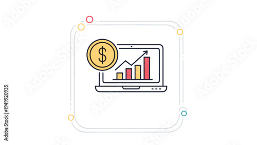 Laptop displaying an upward bar chart next to a large dollar coin represents online trading, financial analytics, and e-commerce profits.