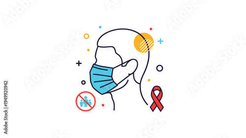 Person silhouette wearing surgical mask with virus and social distancing icons for health protection awareness.