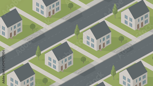 An aerial view of a suburban neighborhood with rows of identical houses and green lawns