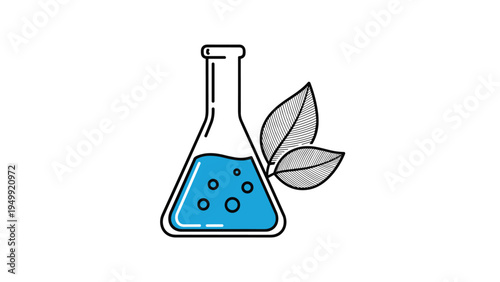 Chemical laboratory flask with blue bubbling liquid and natural leaves representing organic science and botany.