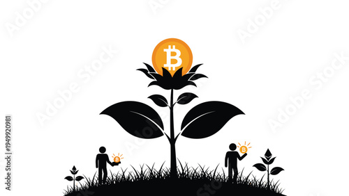 Bitcoin cryptocurrency plant growing with people holding coins representing digital investment and wealth growth.