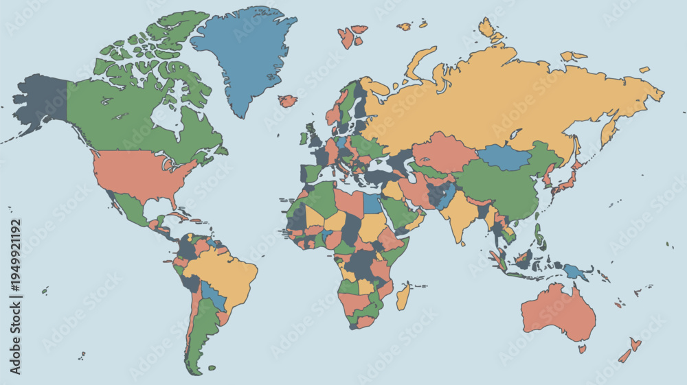 Obraz premium A colorful map of the world with different countries highlighted in various colors.