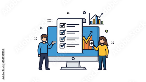 Business man and woman standing by computer monitor with checklist and growth chart for successful project tracking.