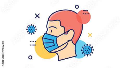 Profile of person wearing surgical face mask with virus molecules and abstract colorful shapes for public health.