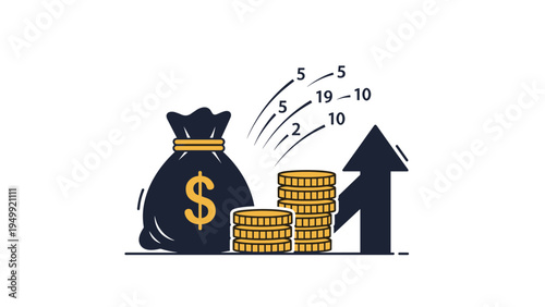 Money bag with dollar symbol next to growing coin stacks and an upward arrow illustrates financial growth, wealth accumulation, or profit.