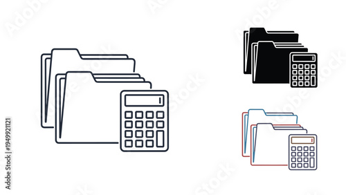 Set of document folder icons with a calculator represents financial record keeping, accounting tasks, and organized business file management.