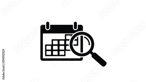 Calendar icon with a magnifying glass hovering over dates represents searching for specific events, appointment scheduling, or date auditing.