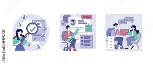 Job Recruitment Process Vector Illustration Set