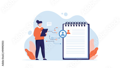 Female professional with clipboard analyzing data points on a large digital notebook represents human resources, recruiting, or user profiling.