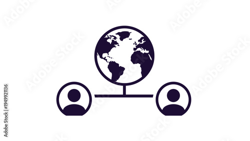 Globe icon linked to two silhouettes of people represents global networking, international cooperation, social media, or remote team collaboration.