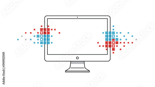 Desktop computer monitor with red and blue pixelated clouds on the sides represents data transmission, digital processing, or cyber security.