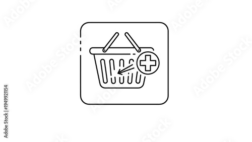 Shopping basket icon with a plus symbol inside a rounded square indicates adding items to a cart for e-commerce or digital retail platforms.