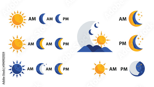 Collection of day and night weather icons featuring sun, crescent moon, and stars helps visualize time of day for scheduling or weather apps.