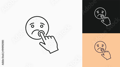 Graphic of a hand selecting a sad face emoji shown in white, black, and peach backgrounds represents negative feedback or customer dissatisfaction.