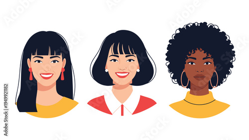 Stylized portraits of three smiling women with different hairstyles and ethnicities represent diversity, inclusion, and female empowerment.