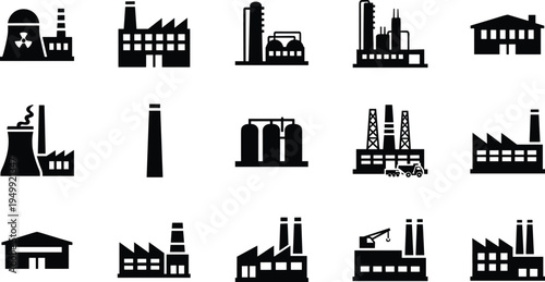 WebIndustrial factory icon set featuring nuclear power plants, manufacturing warehouses, oil refineries, chimneys, storage tanks, and heavy industry production buildings.