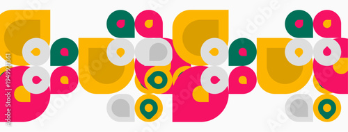 Abstract pattern features colorful overlapping circles, creating playful, retro aesthetic. Shapes vary sizes, hues.