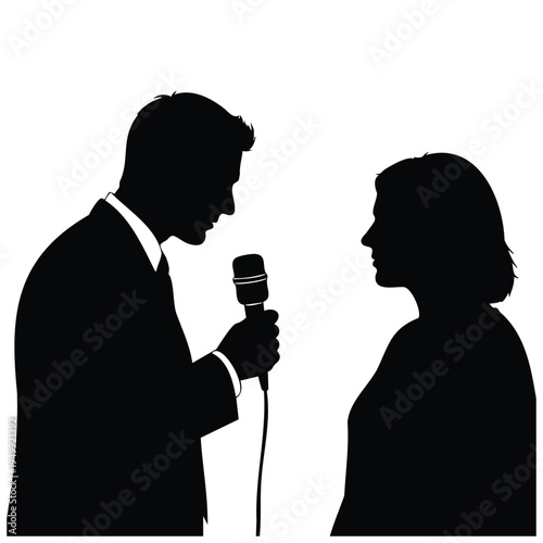 Man interviewing woman with microphone asking questions for news media silhouette