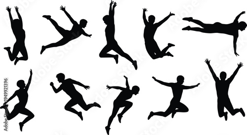 Jumping people silhouettes collection, men jumping in air, energetic celebration poses, dynamic action movement, freedom and success