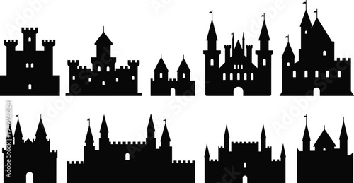 Medieval castle silhouettes collection vector, fantasy fortresses and royal towers isolated on white background architecture design set