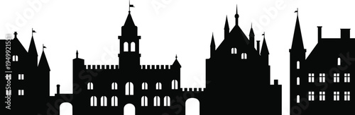 Medieval castle skyline silhouette vector illustration, fantasy fortress buildings and towers isolated on white background architecture design