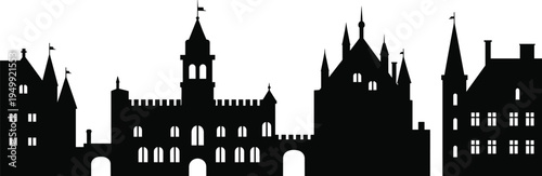 Medieval castle skyline silhouette vector, fantasy fortress buildings and towers isolated on white background historic architecture illustration