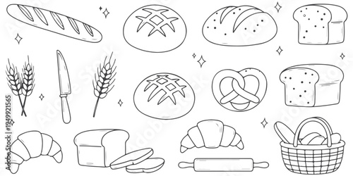Hand drawn bakery doodle icons with bread croissant pretzel wheat loaf bakery products sketch illustration set