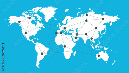 A white world map with black dots and lines on a blue background representing global connections and travel.