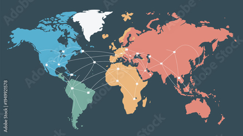 A colorful world map with connections between continents on a dark background