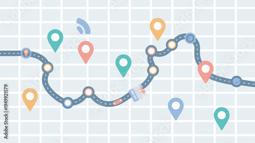A winding road map with colorful location pins on a grid background, symbolizing navigation and travel.