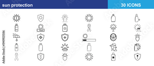 A collection of black and white sun protection icons representing skincare and ultraviolet safety Vector icon