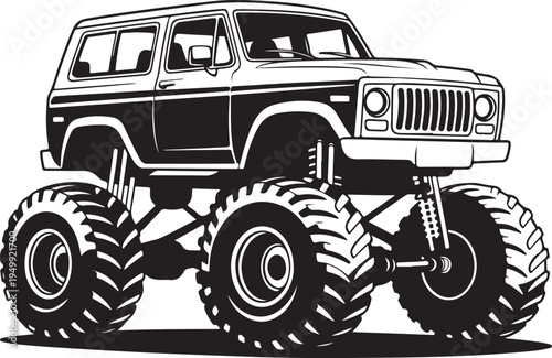 Monster truck vehicle with large tires illustration silhouette vector graphic element for offroad adventure