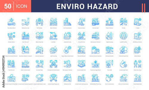 Enviro Hazard Icon Set. toxic waste barrel, radioactive leak, air pollution, water pollution, soil contamination and more. Line Gradient Style vector icons collection.