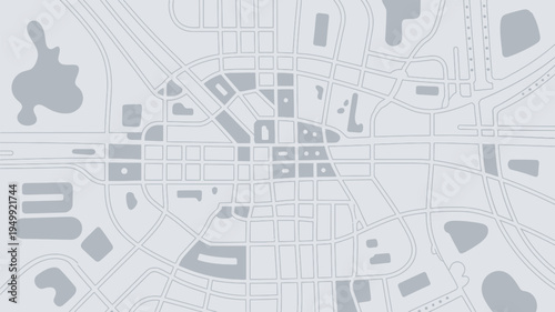 A grayscale map of a city with roads and buildings