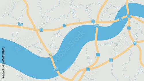 A map illustration showing a winding river and highways with various intersections and roads.