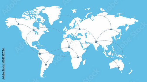 A white world map with connected dots on a light blue background representing global connections and travel routes.